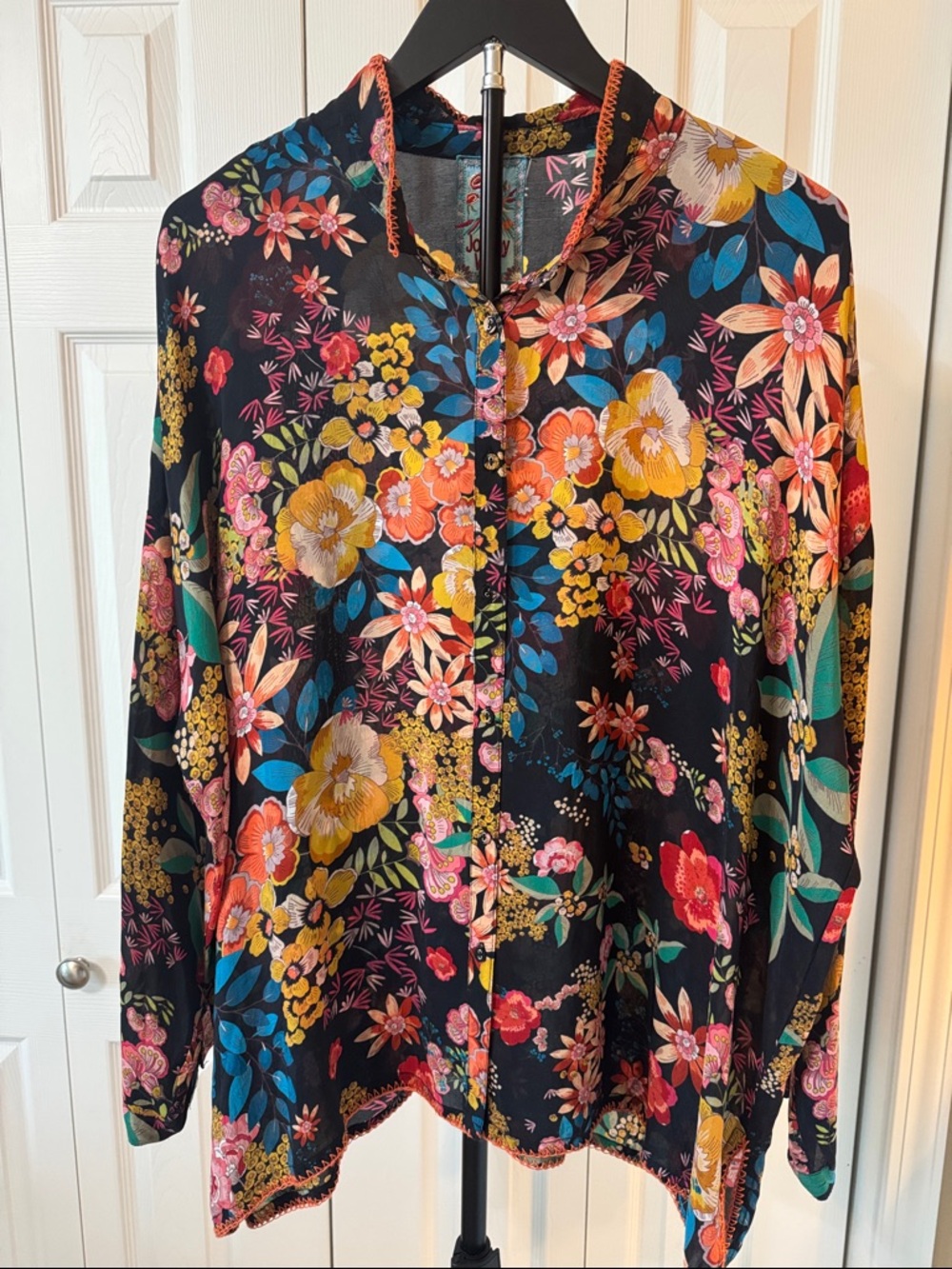 Johnny Was Black Floral Button-Up Blouse with Pink, Yellow & Blue Flowers